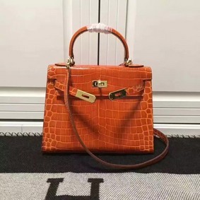1:1 Replica Hermes Kelly 28cm Shoulder Bag Croco Leather K28 Orange HMS3AJ1VRWI