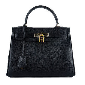 Copy Hermes Kelly 28cm Shoulder Bags Black Grainy Leather Gold HMSH8RWFVZS