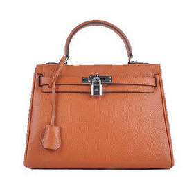 Hermes Kelly 28cm Shoulder Bags Orange Grainy Leather Silver Top Replica HMSI3B63JB7