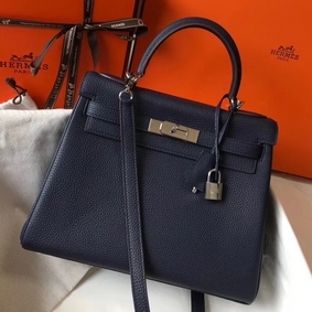 Hermes Kelly 32cm Bag In Dark Blue Clemence Leather PHW Replica HMS8UAEIZOF