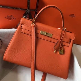 Copy Hermes Kelly 32cm Bag In Orange Clemence Leather GHW HMS0W335S9X
