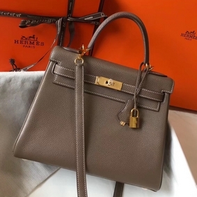 Hermes Kelly 32cm Bag In Taupe Grey Clemence Leather GHW Replica HMSU5SS404K