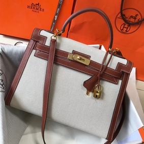 Fake Hermes Kelly 32cm Bag In Toile Canvas With Barenia Leather HMSPT6OR386