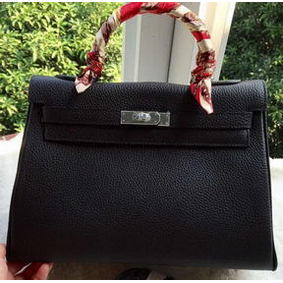 Hermes Kelly 32cm Shoulder Bag Black Calfskin Leather K32CL Silver 1:1 Replica HMSB0FRNXM5