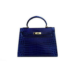 New Hermes Kelly 32cm Shoulder Bag Blue Croco Patent Leather K32 Silver HMSD83W41NM