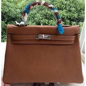 Copy Hermes Kelly 32cm Shoulder Bag Brown Calfskin Leather K32CL Silver HMSDO332UVV