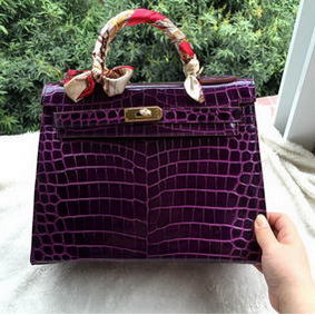 Hermes Kelly 32cm Shoulder Bag Croco Leather K32CO Purple HMS7XXJ99E4