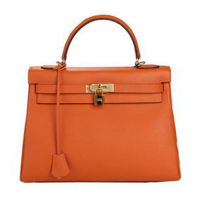 1:1 Replica Hermes Kelly 32cm Shoulder Bag Orange Original Leather K32 Gold HMS254SI9I2