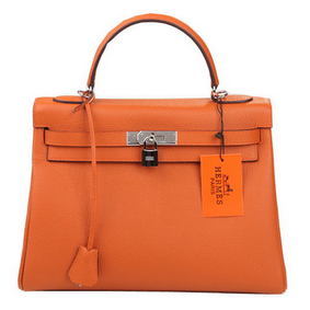First-class Quality Hermes Kelly 32cm Shoulder Bag Orange Original Leather K32 Silver HMSY77269BT