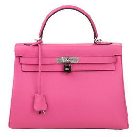 Hermes Kelly 32cm Shoulder Bag Rose Original Leather K32 Silver Top Replica HMSGOEWSWHB