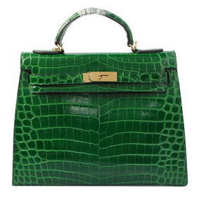 Replica Hermes Kelly 32cm Shoulder Bags Green Iridescent Croco Leather Gold HMS5O4Q32P3
