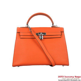 Hermes Kelly 32cm Shoulder Bags H6108 Orange Leather Silver Top Replica HMSFXHM81KW