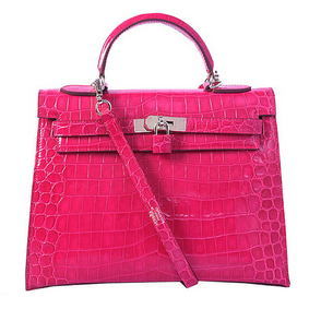 Hermes Kelly 32cm Shoulder Bags Peach Iridescent Croco Leather Silver Top Replica HMSI40GJQ9X
