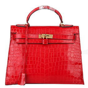 Hermes Kelly 32cm Shoulder Bags Red Iridescent Croco Leather Gold HMSXB136WH8