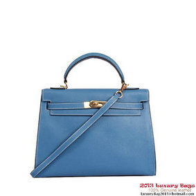 Imitation Hermes Kelly 32cm Handle Bag Blue Togo Leather Gold HMSSHNDJKC6
