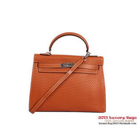 Hermes Kelly 32cm Handle Bag Camel Woven Leather Silver Replica HMSR3EYLGYM