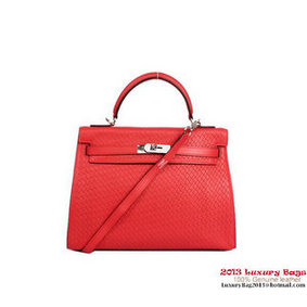 Fake Hermes Kelly 32cm Handle Bag Light Red Woven Leather Silver HMSSI939ZWQ