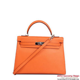 Hermes Kelly 32cm Handle Bag Orange Togo Leather Silver Top Replica HMS8TC7W7Y4