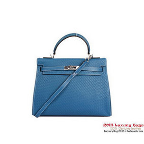 Hermes Kelly 32cm Handle Bag Royalblue Woven Leather Silver Replica HMS39190NET
