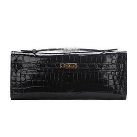 Hermes Kelly Clutch Bag Croco Leather K1002 Black HMS82XK356N