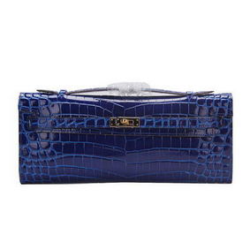 Hermes Kelly Clutch Bag Croco Leather K1002 Blue HMSPS7OO1A5