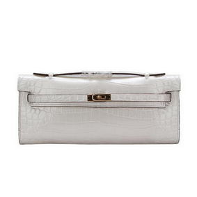 Hermes Kelly Clutch Bag Croco Leather K1002 White HMSFI3TTS11