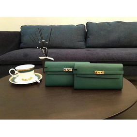 Copy Hermes Kelly Epsom Leather Wallet H4086 Green HMS0LFRQ627
