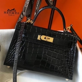 Imitation Hermes Kelly Mini II Handmade Bag In Black Crocodile Embossed Leather HMS31326N9D