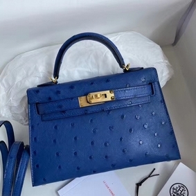 Hermes Kelly Mini II Handmade Bag In Blue Electric Ostrich Leather Top Replica HMSO11A13K3