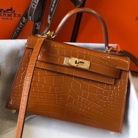 Hermes Kelly Mini II Handmade Bag In Brown Crocodile Embossed Leather Replica HMS5Y7L1A6G