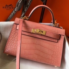 Copy Hermes Kelly Mini II Handmade Bag In Pink Crocodile Embossed Leather HMSDMMFDUU1