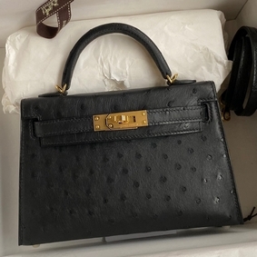 Hermes Kelly Mini II Sellier Handmade Bag In Black Ostrich Leather 1:1 Replica HMSBUXHX5TU