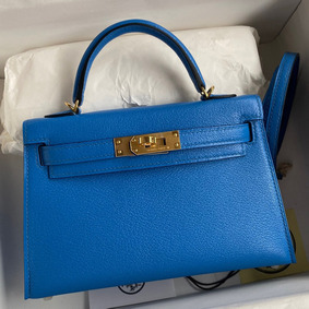 Hermes Kelly Mini II Sellier Handmade Bag In Blue Hydra Chevre Mysore Leather Top Replica HMS4IST3AC3