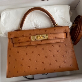 Hermes Kelly Mini II Sellier Handmade Bag In Gold Ostrich Leather 1:1 Replica HMS46OB7P5S