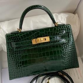 Hermes Kelly Mini II Sellier Handmade Bag In Malachite Shiny Alligator Leather Replica HMSSJ0F33WZ