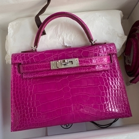 Hermes Kelly Mini II Sellier Handmade Bag In Rose Scheherazade Shiny Alligator Leather Top Replica HMSZ1MD3R5E