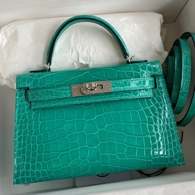 Hermes Kelly Mini II Sellier Handmade Bag In Vert Jude Shiny Alligator Leather Top Replica HMS1PAEGAT8