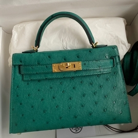 Hermes Kelly Mini II Sellier Handmade Bag In Vert Vertigo Ostrich Leather Replica HMS6H1AHM6Q