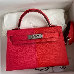 Hermes Kelly Mini II Sellier Tri-color Bag In Red/Rose Extreme/Blue Epsom Calfskin Top Replica HMSM85OA4IR
