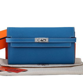 Hermes Kelly Original Saffiano Leather Bi-Fold Wallet A708 Blue Top Replica HMSV54W78P8
