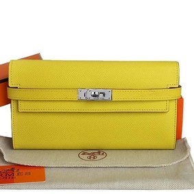 Imitation Hermes Kelly Original Saffiano Leather Bi-Fold Wallet A708 Lemon HMS0J08L162