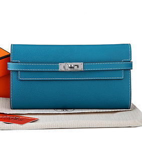 Hermes Kelly Original Saffiano Leather Bi-Fold Wallet A708 Medium Blue 1:1 Replica HMS0HB9D3T1