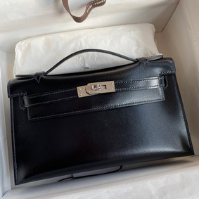 Hermes Kelly Pochette Handmade Bag In Black Box Calfskin 1:1 Replica HMSLE1CP75W