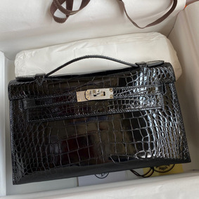 First-class Quality Hermes Kelly Pochette Handmade Bag In Black Shiny Alligator Leather HMS8R25S4E7