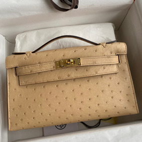 Hermes Kelly Pochette Handmade Bag In Chai Ostrich Leather 1:1 Replica HMS63FT265S