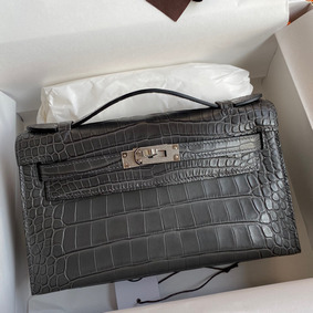 Imitation Hermes Kelly Pochette Handmade Bag In Graphite Matte Alligator Leather HMSMOGO3732