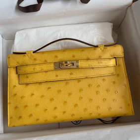 Hermes Kelly Pochette Handmade Bag In Jaune Ambre Ostrich Leather Top Replica HMS9KW11973