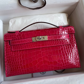 Hermes Kelly Pochette Handmade Bag In Rose Extreme Shiny Alligator Leather Replica HMSZ5GPW9A0