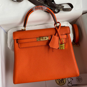 Copy Hermes Kelly Retourne 25 Handmade Bag In Orange Clemence Leather HMSB2ST5Z7P