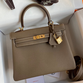 1:1 Replica Hermes Kelly Retourne 25 Handmade Bag In Taupe Clemence Leather HMSE03U9WU4